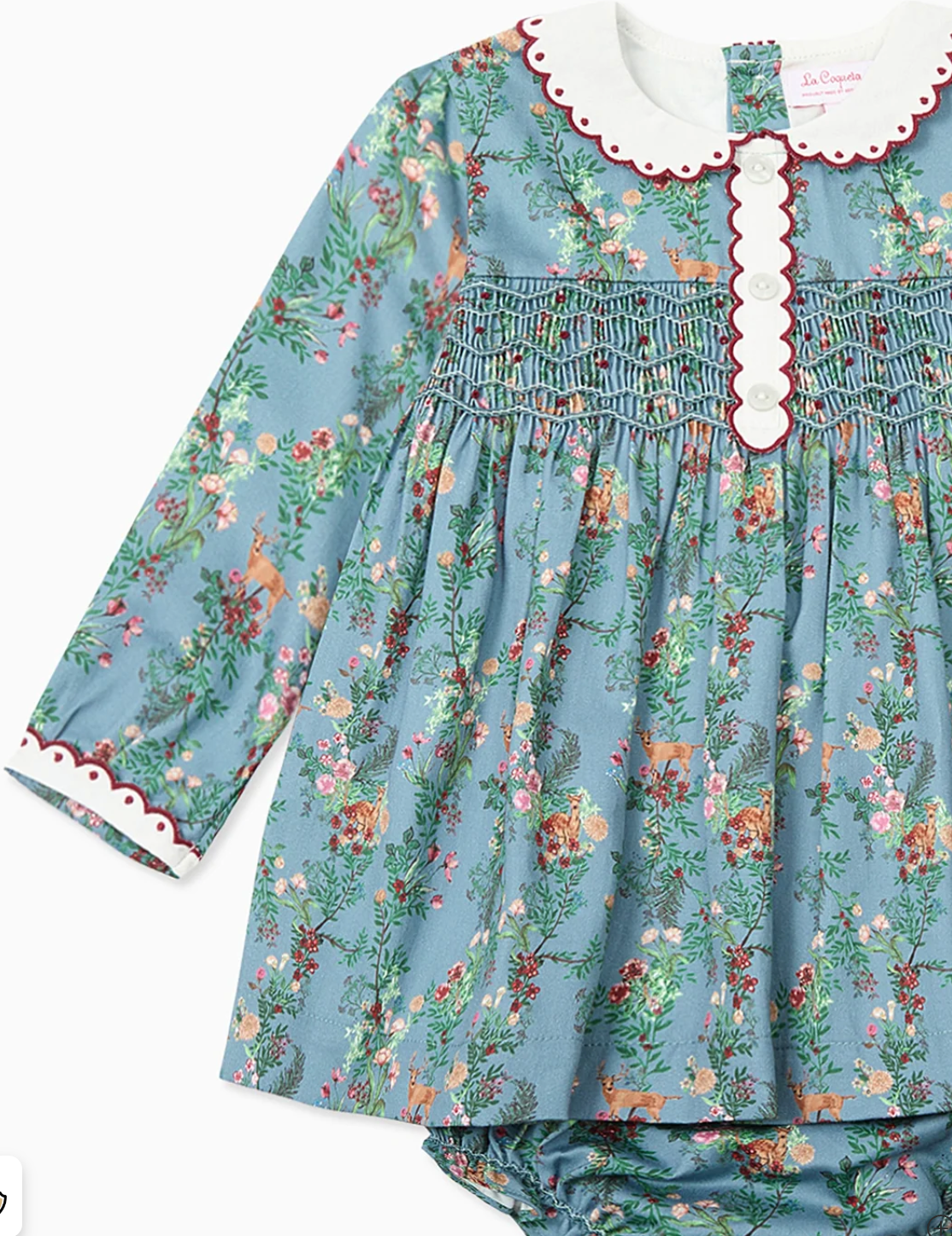 La Coqueta Blue Deer Floral Noelia Baby Girl Hand Smocked Set