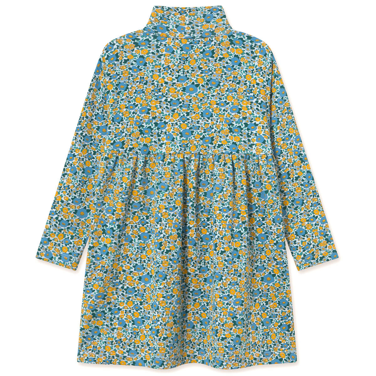 Tiny Cottons Flower Pattern Rib Mockneck Dress Washed Blue