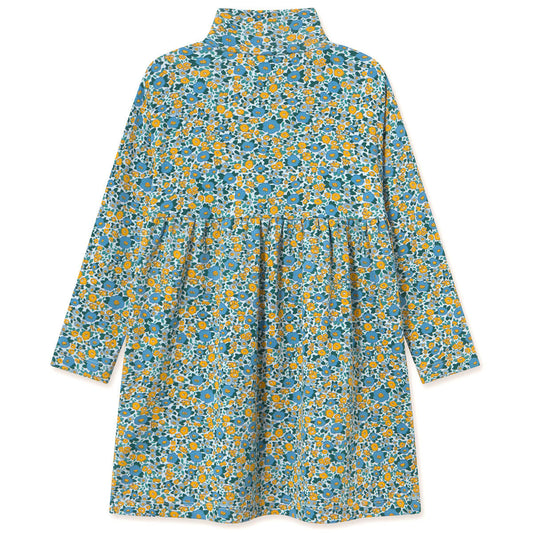 Tiny Cottons Flower Pattern Rib Mockneck Dress Washed Blue