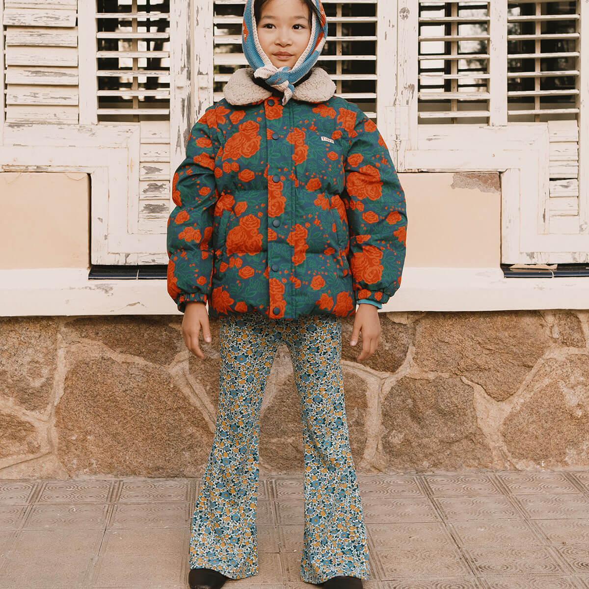 Tiny Cottons Flower Pattern Rib Pant Washed Blue