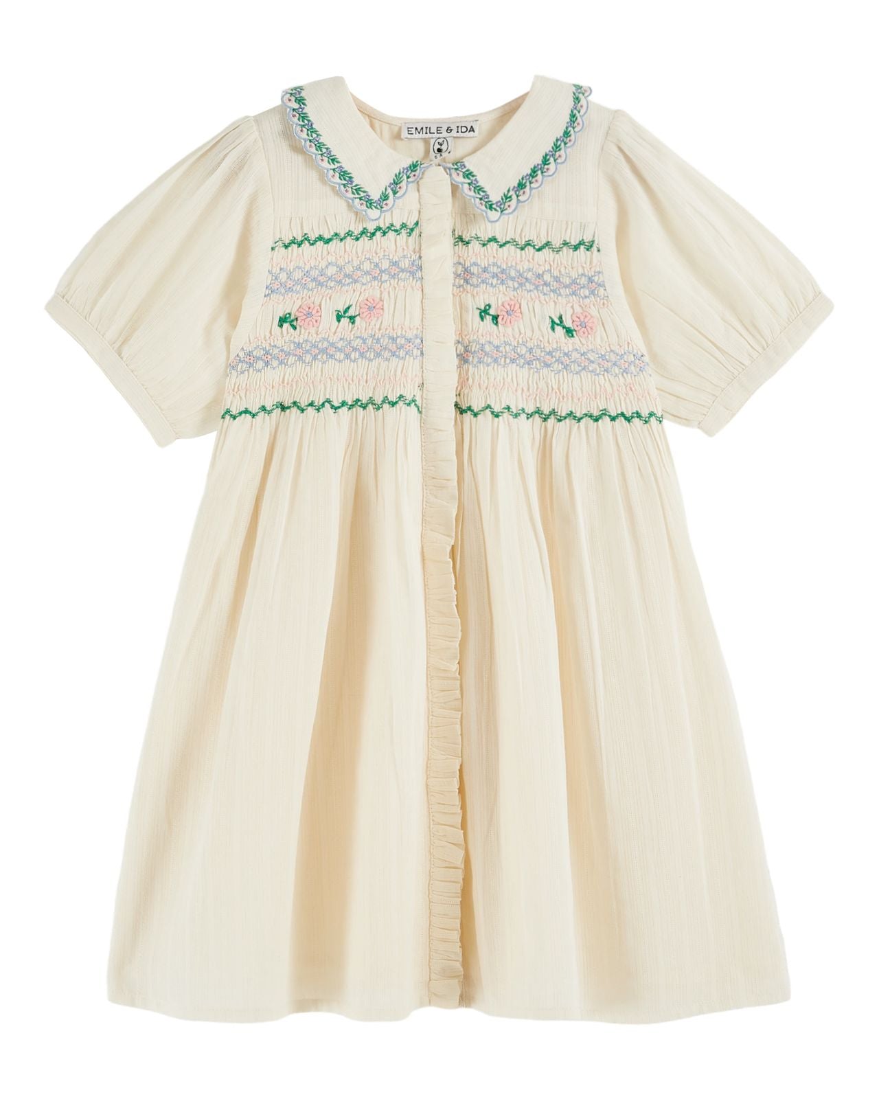 Emile et Ida Hand Embroidered Dress Ecru