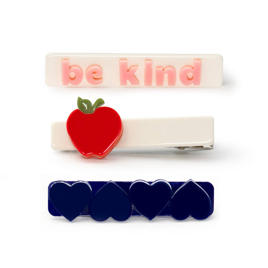 Lilies & Roses NY - Apple Be Kind Hearts Navy Hair Clips - BTS24