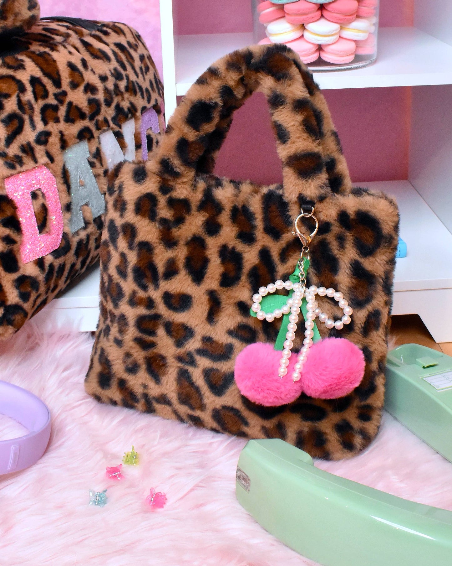 OMG Accessories - Leopard Plush Mini Tote with Cherry Bag Charm