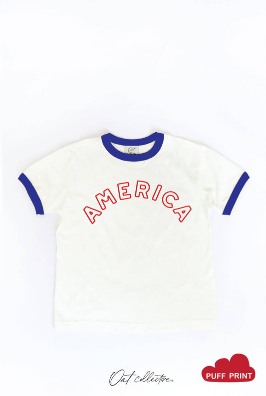 OAT COLLECTIVE - AMERICA Unisex Ringer Tee: NATURAL/ROYAL
