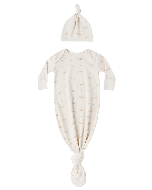 Quincy Mae Knotted Baby Gown + Hat Set - Dinos