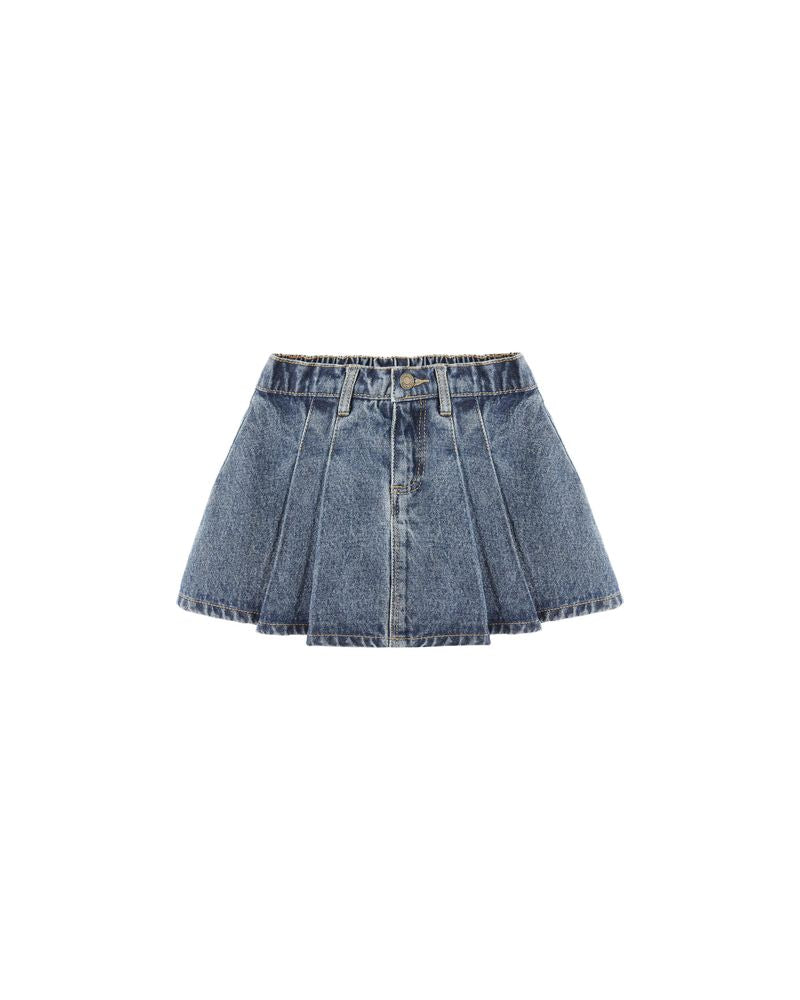 Rylee + Cru Pleated Denim Skirt Indigo Denim