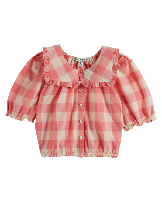 Emile & Ida Candy Gingham Blouse With Square Collar in Vichy Bonbon