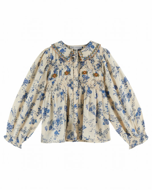 Emile Et Ida Embroidered Collar Smocked Blouse - Orchid Blue