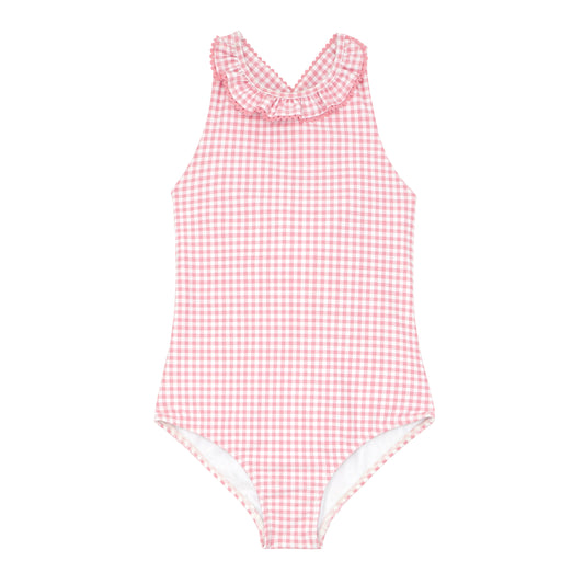 Minnow Girls Guava Gingham Halter One Piece With Back Bow in Pink Gingham