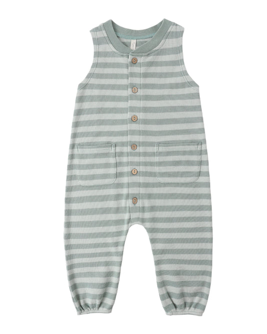 Rylee + Cru Summer Waffle Jumpsuit Sea Green Stripe Green