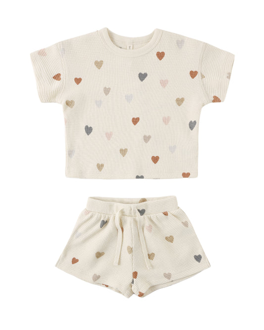 Quincy Mae Waffle Tee + Short Set - Confetti Hearts