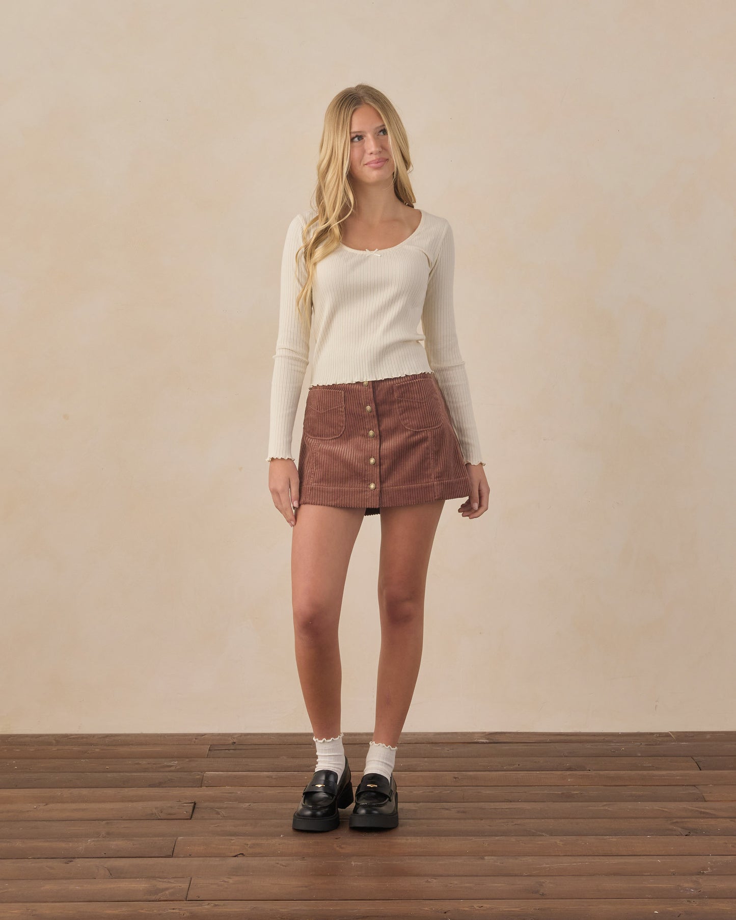 Rylee + Cru Teen Ribbed Long Sleeve Knit Tee Natural