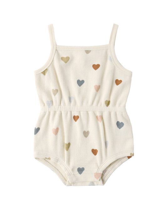 Quincy Mae Waffle Cinch Romper - Confetti Hearts