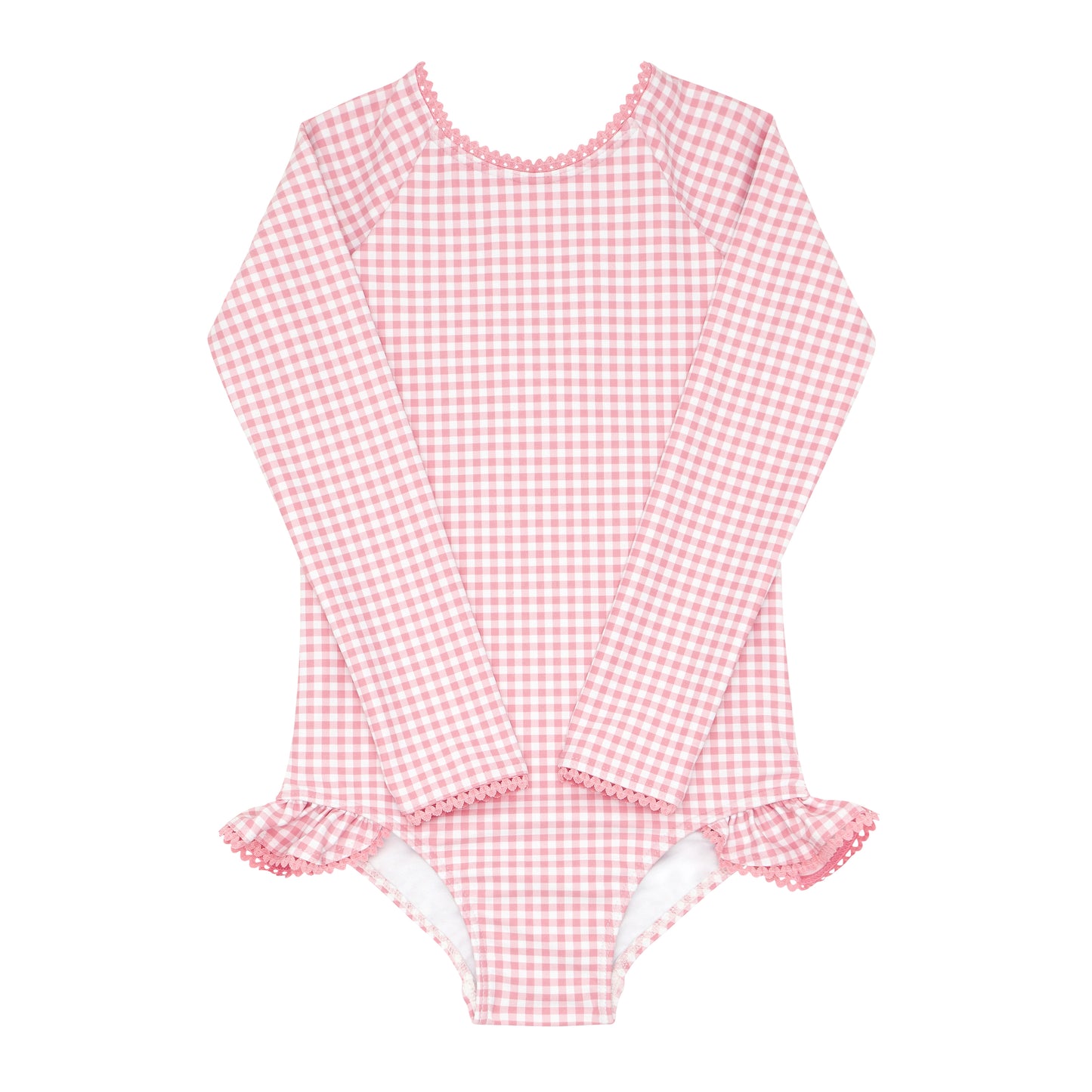 Minnow Girls Guava Gingham Rashguard One Piece With Rick Rack in Pink Gingham