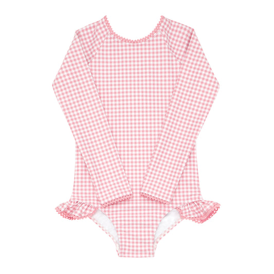 Minnow Girls Guava Gingham Rashguard One Piece With Rick Rack in Pink Gingham