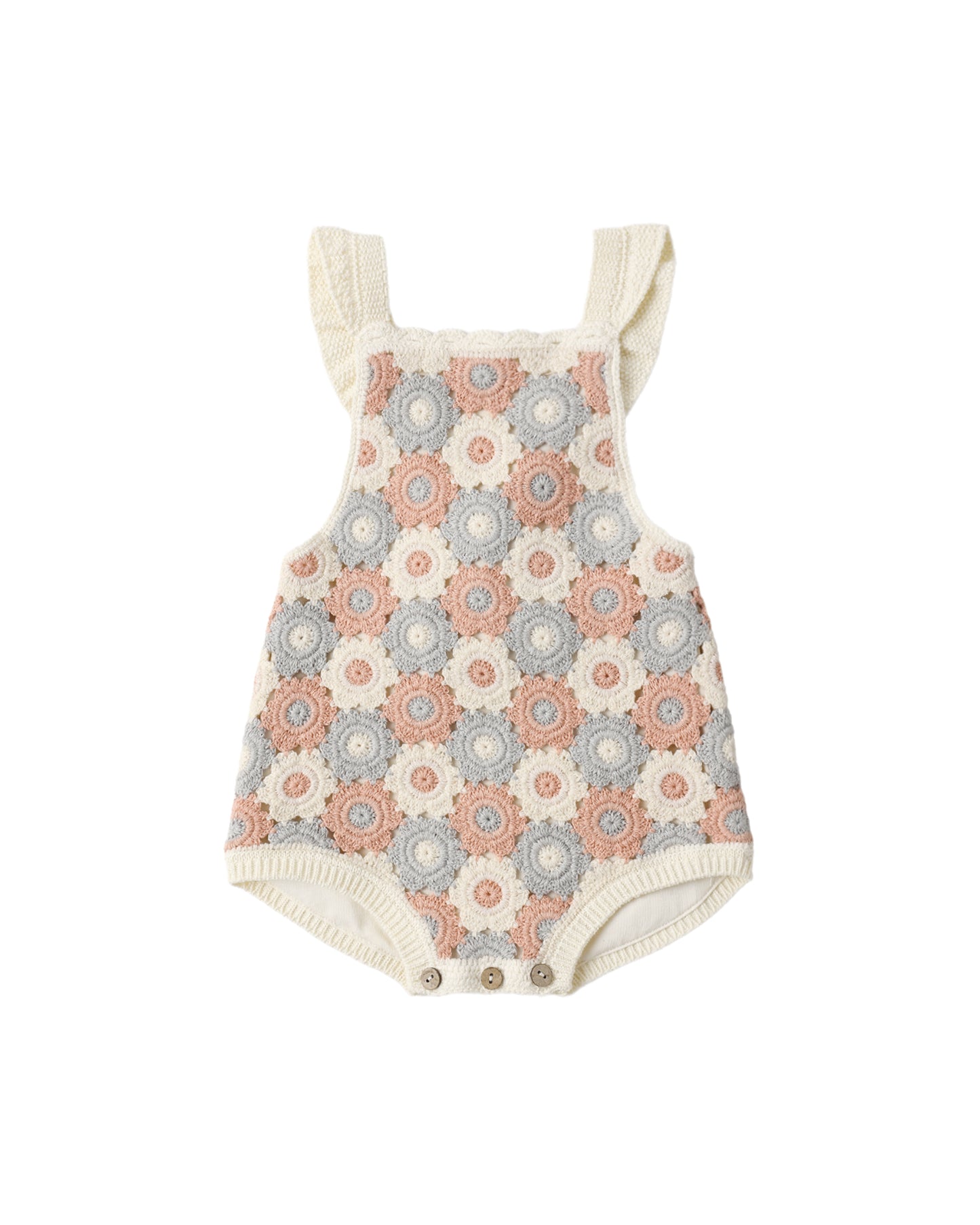 Rylee + Cru Crochet Romper Blue, Light Pink, Ivory