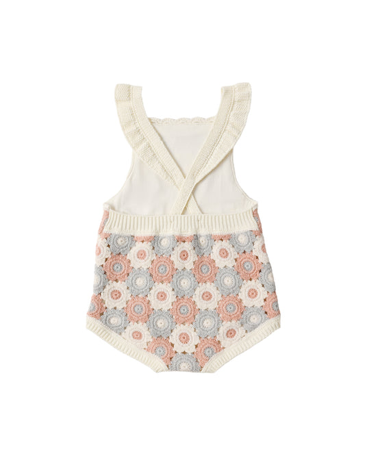 Rylee + Cru Crochet Romper Blue, Light Pink, Ivory