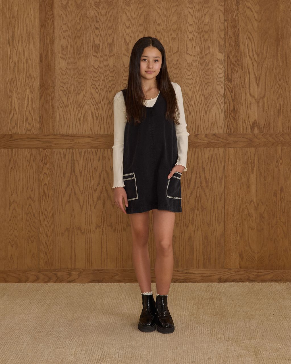 Rylee + Cru Teen’s V-Neck Overall Dress Washed Black