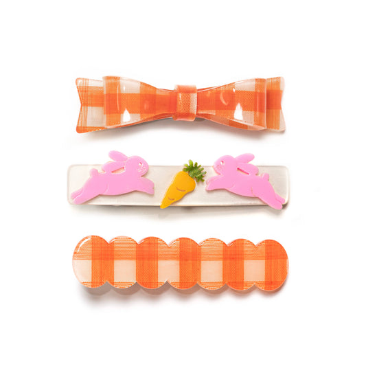 Lilies & Roses NY - Orange Checked Bow + Bunnies Alligator Clips Set/3