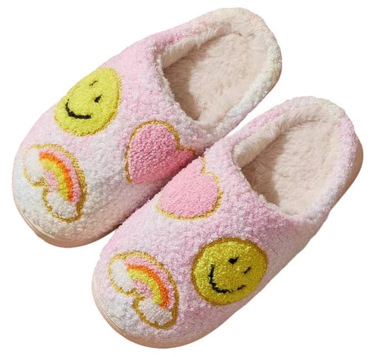 Malibu Sugar - Pastel Rainbow Smiley Fuzzy Slippers for Kids
